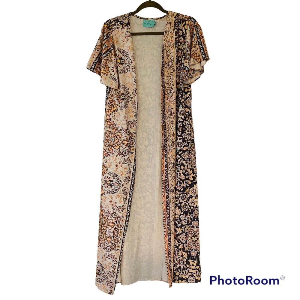 Judith March Kimono Duster Length Cardigan Maxi Cover Up Small Floral Boho Style